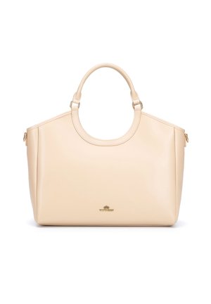 Sac à main en cuir beige avec des poignées arrondies, des ferrures dorées, et un petit logo de la marque au centre avant sur fond blanc.