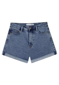 Denim shorts in a medium blue wash with a cuffed hem, featuring front pockets, a zip fly, and metal button closure.