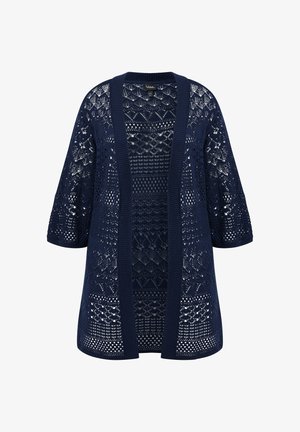 Cardigan blu navy aperto davanti in maglia con intricati motivi geometrici simili a pizzo e maniche a tre quarti.