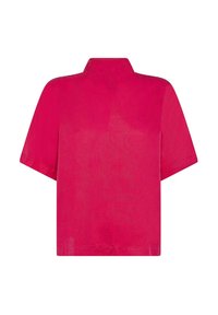 Maglietta fucsia a maniche corte con colletto alto. Realizzata in un tessuto leggero e texturizzato, presenta una vestibilità ampia e orlo dritto.