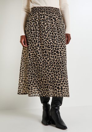 Falda maxi de estampado de leopardo con cintura elástica, hecha de una tela ligera, que presenta una silueta fluida y acentos negros.