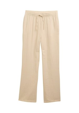 Beige wide-leg pants made of textured fabric, featuring an elastic waistband with a drawstring for adjustable fit.
