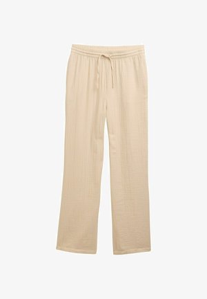 Bež hlače širokega kroja iz teksturirane tkanine, z elastičnim pasom in vrvico za prilagodljivo prileganje.