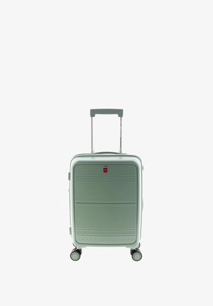 Hartschalen-Handgepäckkoffer in Mintgrün mit horizontalen Rillen, einem ausziehbaren Griff und vier Rädern für die Mobilität. Rotes Logo auf der Vorderseite.
