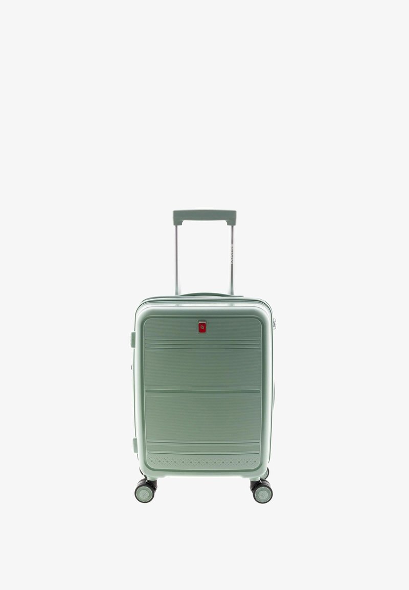 Hard-shell handbagagekoffer in mintgroen met horizontale ribbels, telescoop handvat en vier wielen voor mobiliteit. Rode logo aan de voorkant.