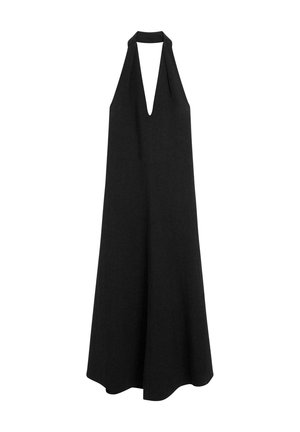 Robe noire sans manches avec un décolleté en V plongeant, d'une coupe A-line fluide, en tissu léger, avec une texture lisse et sans fermetures visibles.