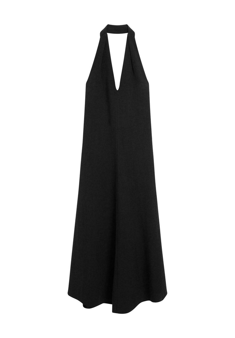 Black halter dress with a deep V-neckline, flowing A-line shape, made of lightweight fabric, featuring a smooth texture and no visible fastenings.