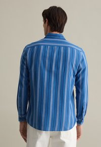 Gestreept blauw overhemd met lange mouwen, lichte blauwe verticale strepen, met knoopmanchetten en een gespreide kraag, gemaakt van katoen. Achteraanzicht weergegeven.