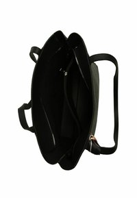 Fekete válltáska texturált felülettel, kettős fogantyúkkal és cipzáras belső zsebbel. A bélés sötét és sima.