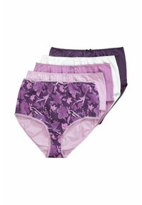 Cinq paires de culottes hipster pour femmes dans différentes nuances de violet, présentant des motifs floraux et des couleurs unies, avec des ceintures élastiques et des accents en forme de nœud.
