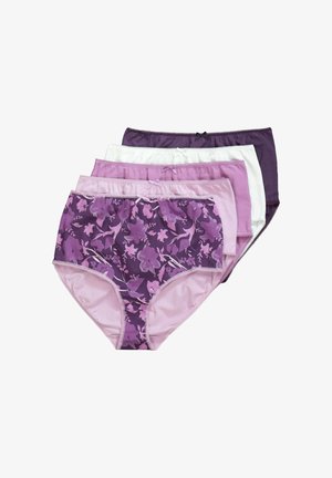 Viisi paria naisten hipster-alaosa eri purppuran sävyissä, joissa on kukkakuoseja ja yksivärisiä vaihtoehtoja, elastisilla vyötärönauhoilla ja nauhakoristeilla.