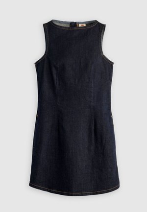 Αμάνικο σκουρόχρωμο μπλε τζιν φόρεμα με στρογγυλή λαιμόκοψη και ορατό πορτοκαλί ράψιμο, ελαφρώς εφαρμοστό στη μέση.