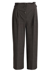 Šedé kalhoty s kostkovaným vzorem a vysokým pasem, předními sklady a třemi černými knoflíky v pase. Mají boční poutka na pásek a široké nohavice.