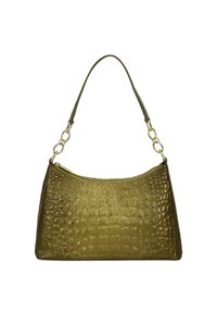 Grüne Handtasche aus Kunstleder mit Krokodilmuster, in geschwungener Form, mit einem Ketten- und Riemenhenkel sowie einem Reißverschlussverschluss oben. Strukturierte Oberflächendetails.