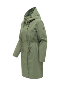 Impermeabile lungo verde oliva con cappuccio regolabile, vita con coulisse, tasche frontali e chiusura con bottoni a pressione.