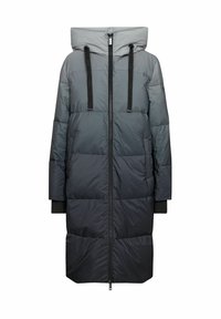 Lang, polstret frakke med en ombre-design i nuancer af grå. Den har en høj krave, justerbare snore og elastiske manchetter.