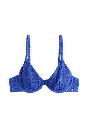 Blue textured underwire bra with adjustable shoulder straps and small gold logo on the side band, on white background.