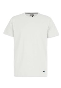 Lys grå kortærmet T-shirt lavet af bomuld med rund halsudskæring. Har en lille blå logo detalje nær bundkanten. Blød tekstur.
