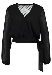 Blouse portefeuille noire en tissu transparent, avec un décolleté en V, des manches longues et une taille nouée. Texture à pois pour un intérêt visuel.