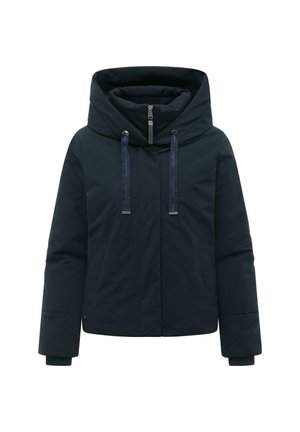 Veste matelassée bleu foncé avec large col haut, fermeture éclair devant, cordons, manches longues et poches latérales.