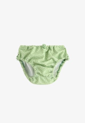 Green polka dot swim diaper with gathered edges, elastic waistband, and front button detail. Smooth texture and fitted design for comfort.