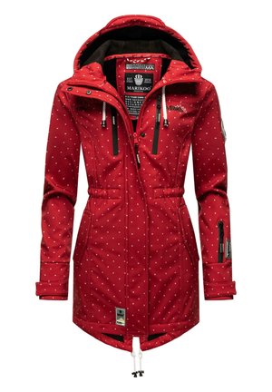 Veste imperméable rouge à pois blancs, capuche réglable, poches zippées, taille à cordon de serrage et poignets élastiques pour un ajustement confortable.