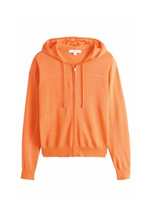 Oranssi pitkähihainen vetoketjullinen huppari, jossa on etutaskut, kiristysnauhalla varustettu huppu sekä resorit hihansuissa ja helmassa, valkoisella taustalla esitetty.