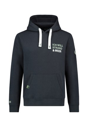 Dark navy hoodie made of soft fabric. Features a front pocket, white drawstrings, and printed text in light green on the chest and sleeve.