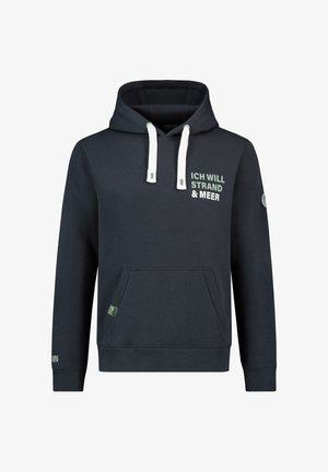 Dark navy hoodie made of soft fabric. Features a front pocket, white drawstrings, and printed text in light green on the chest and sleeve.