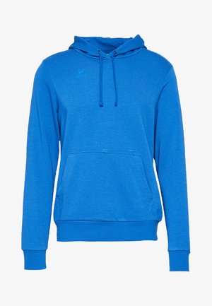 Felpa a maniche lunghe blu con tasca a canguro frontale, cappuccio con lacci, polsini a coste e un piccolo logo sul lato sinistro del petto.