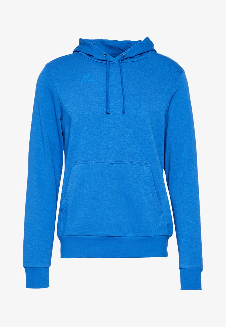Blauer langärmliger Hoodie mit vorderer Kängurutasche, Kordelzugkapuze, gerippten Bündchen und kleinem Logo auf der linken Brust.