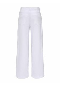 Jean blanc à jambes larges vu de dos, avec taille haute, passants pour ceinture et deux poches arrière.