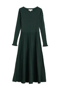 Vestito a maglia rigata verde scuro con maniche lunghe, scollatura rotonda e gonna plissettata svasata. Presenta polsini arricciati alle estremità delle maniche.
