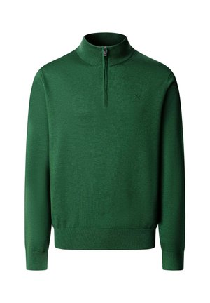 Dunkelgrüner Pullover mit langen Ärmeln, halbem Reißverschluss am Kragen sowie gerippten Bündchen und Saum.