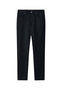 Jean en denim bleu foncé pour homme avec un design classique à cinq poches. Doté d'une fermeture à bouton et d'une coupe droite. Texture lisse et tissu robuste.