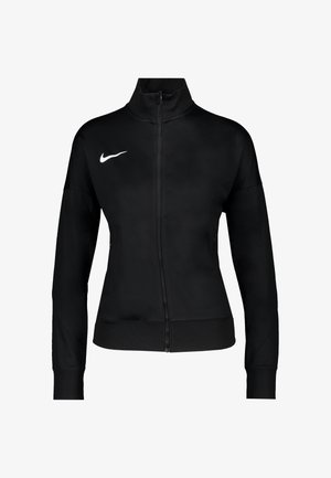 Veste zippée Nike noire avec un col montant, des poignets côtelés et un logo blanc sur la poitrine gauche. Tissu lisse à coupe athlétique.