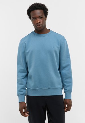 Light blue sweatshirt made of soft fabric. Features a crew neck and ribbed cuffs. Small logo detail on the left chest.
