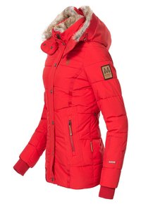 Red padded jacket with a fur-lined hood, zippered pockets, quilted details, and elastic cuffs. Features a logo patch on the sleeve.