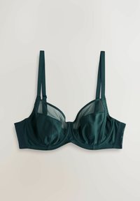 Modrnozelena satenska modrčka z mrežastimi prosojnimi vložki, podloženim žičnim ogrodjem, nastavljivimi naramnicami in strukturiranim dizajnom s gladkim zaključkom.