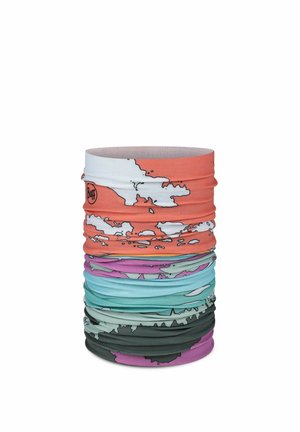 Multicolor seamless tubular neck gaiter with abstract map-like patterns in orange, purple, blue, and black, featuring a small Buff logo.