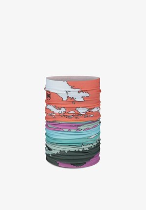 Multicolor seamless tubular neck gaiter with abstract map-like patterns in orange, purple, blue, and black, featuring a small Buff logo.