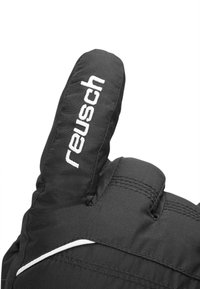 Schwarze, isolierte Handschuhe mit einem erhöhten Daumen, versehen mit weißem "reusch"-Branding und Nahtdetails, hergestellt aus einem glatten, strapazierfähigen Stoff.