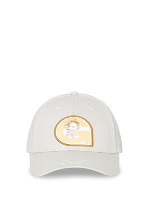 Casquette de baseball beige clair avec un grand écusson stylisé « G » représentant un personnage de dessin animé en orange et blanc à l’avant.