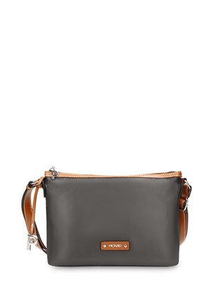 Dunkelgraue rechteckige Umhängetasche mit hellbraunem Besatz, verstellbarem Riemen, silbernem Reißverschluss und einer kleinen Metallplakette mit dem Logo „Picard“.