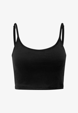 Top corto nero con spalline sottili, realizzato in tessuto morbido, con scollatura a barca e orlo senza cuciture. Design minimalista.