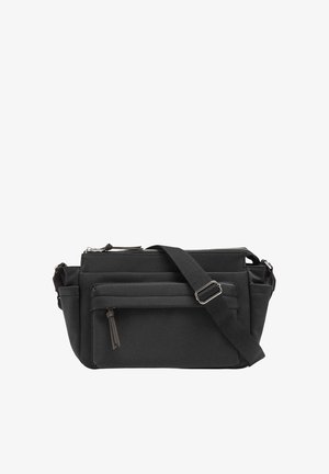 Czarna torba na ramię wykonana z trwałego materiału, z wieloma zamykanymi na zamek kieszeniami, regulowanym paskiem oraz usztywnionym prostokątnym kształtem.