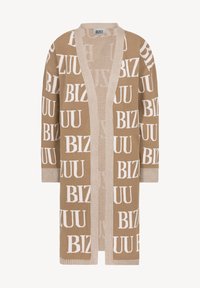 Lange cardigan in bruin met witte "BIZUU" tekst, open voorkant en geribde manchetten. Gestructureerde gebreide stof. Accenten in lichtbeige kleur.