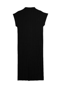Abito midi nero con maniche corte e pieghe verticali, con collo alto e silhouette dritta.