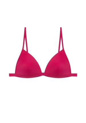 Fuchsia pink triangle bra with thin double shoulder straps and smooth, seamless cups on a white background.