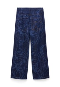 Dark blue wide-leg jeans with abstract lighter blue floral patterns and two back pockets, one featuring stitched geometric detail.